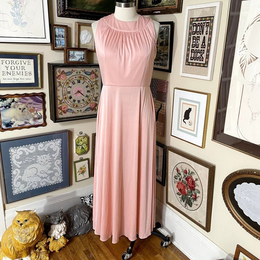 70s Vintage Volup Emma Domb Pastel Pink Sleeveless Scoop Neck Maxi Dress Size 18